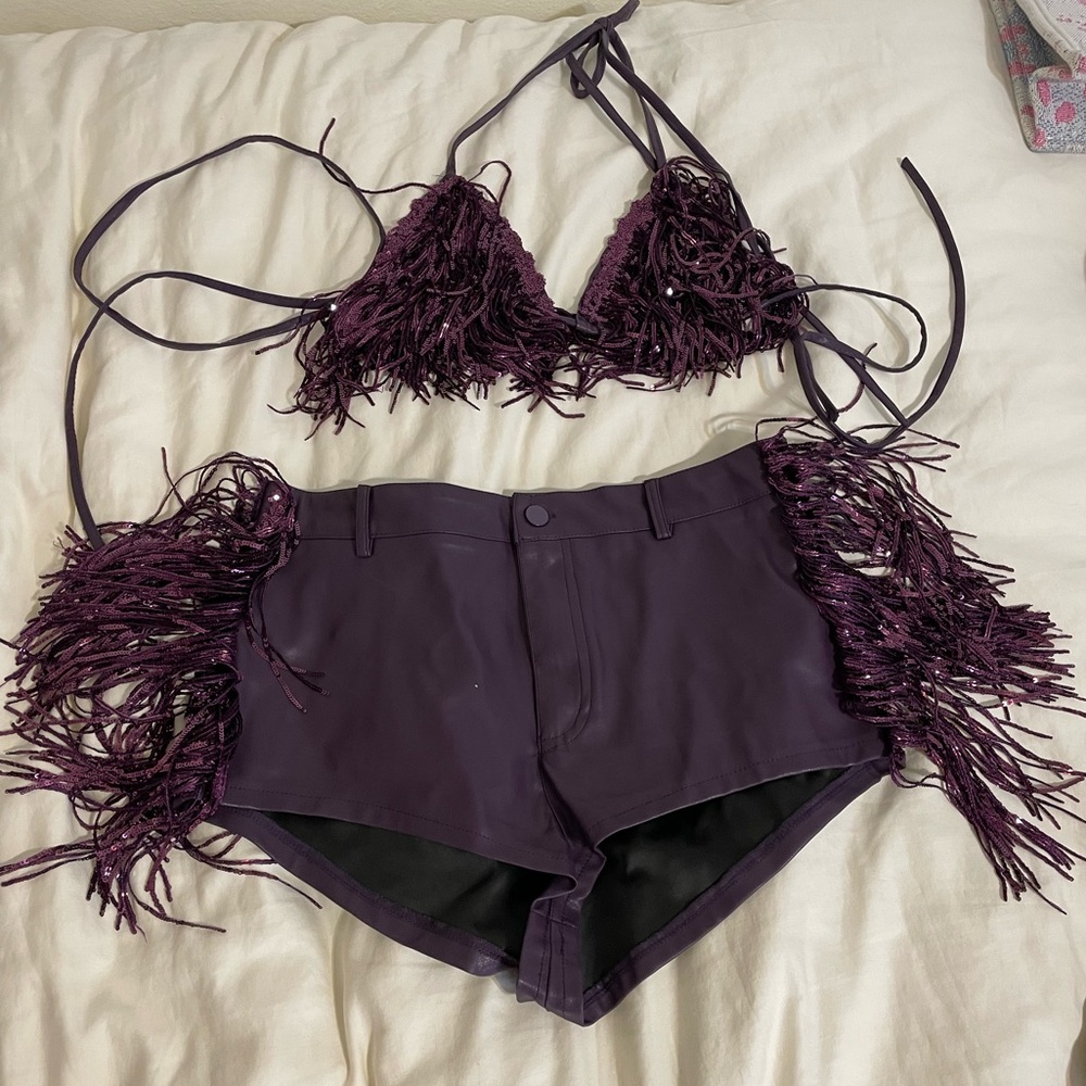 Purple Fringe faux leather short set with bikini top